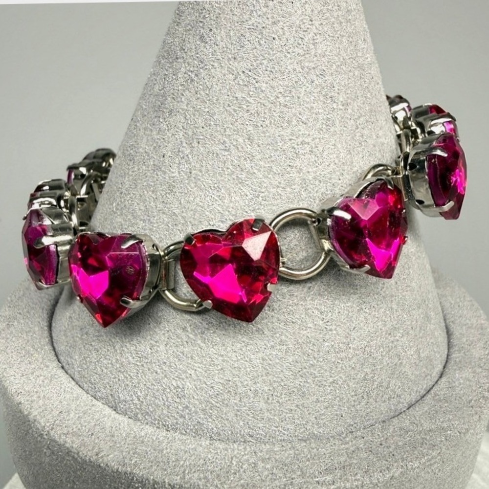 Pink Heart Rhinestone Bracelet Silver Tone Y2K 6.5"